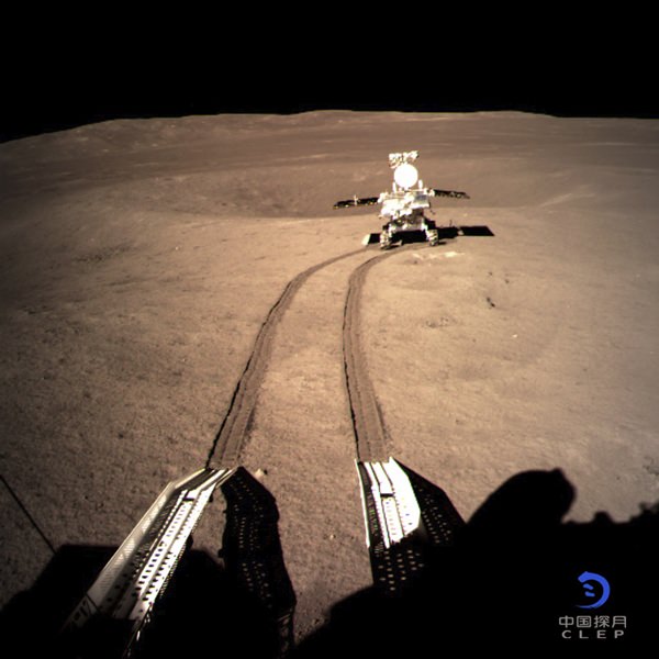 In this photo provided on Friday, Jan. 4, 2019, by China National Space Administration via Xinhua News Agency, Yutu-2, China’s lunar rover, leaves wheel marks after leaving the lander that touched down on the surface of the far side of the moon. (China National Space Administration/Xinhua News Agency via AP)