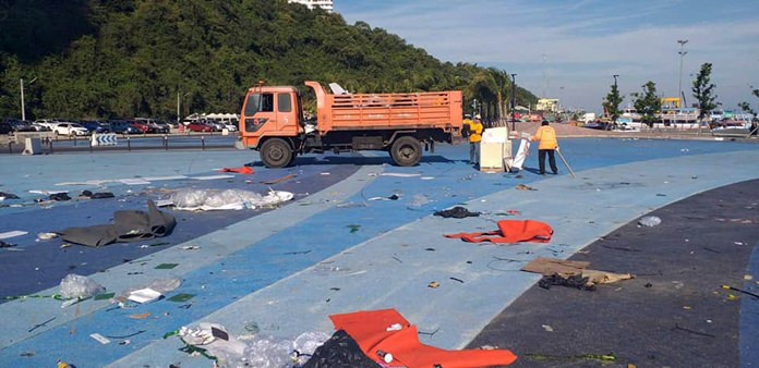 Pattaya sanitation workers faced a massive cleanup after the two-day New Year’s countdown concert, as shown here at the Bali Hai stage grounds.