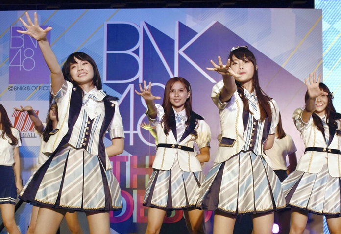 In this June 2, 2017, file photo, Thai pop band BNK 48 performs for the first time in Bangkok. (The Yomiuri Shimbun via AP Images)