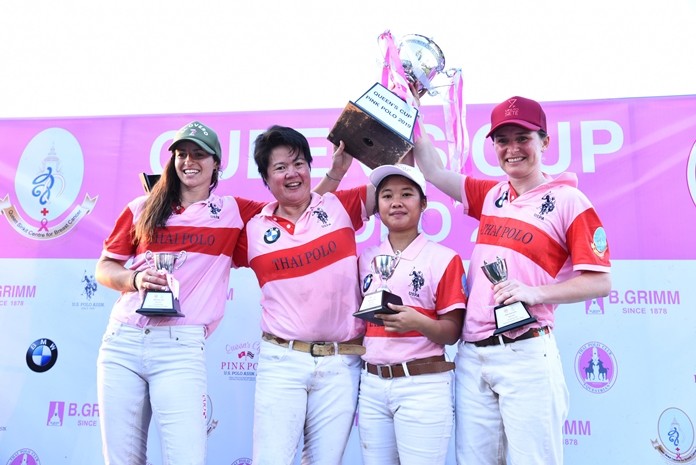 The Thai Polo team members pose with the Queen’s Cup trophy after winning the Pink Polo 2019 final: from left, Hazel Jackson Gaona, Daryl Yeap, Pornsupa Malapadtee and Caroline Link.