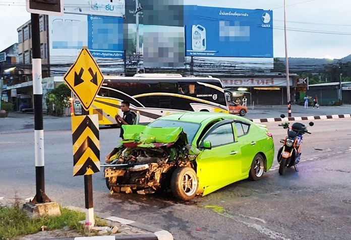 Sgt. Maj. Saksit Nakarin was injured when he rammed his car into the back of an employee shuttle van in Sattahip.