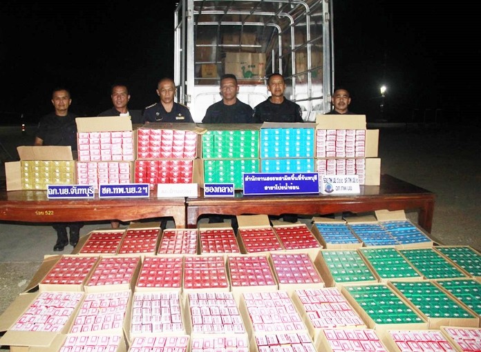 Tax authorities seized 32,000 cases of counterfeit cigarettes in Chanthaburi.