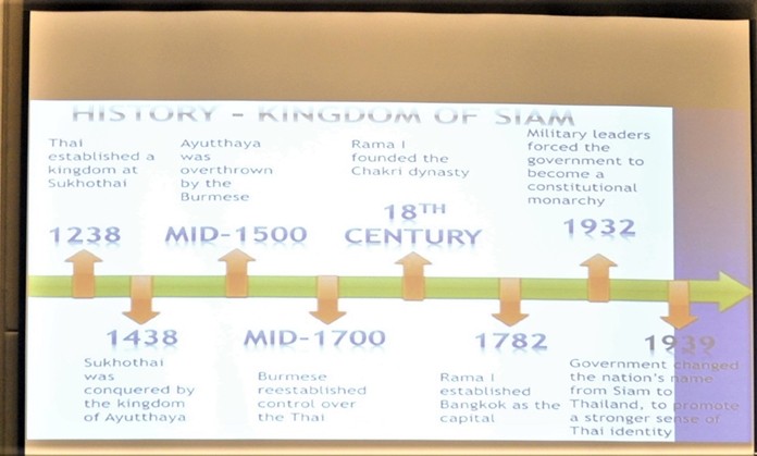 This slide showing the beginning of present day Thailand’s long history was one of several presented by Dr. Laohavanich as he described Thailand’s past governments as part of his presentation to the PCEC.