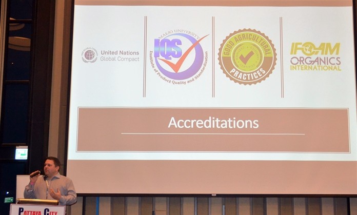 Stuart Prentice shows a slide of symbols used by aquaponics accrediting agencies, such as Good Agriculture Practices (GAP) to denote the aquaponics products from operations that meet their standards.