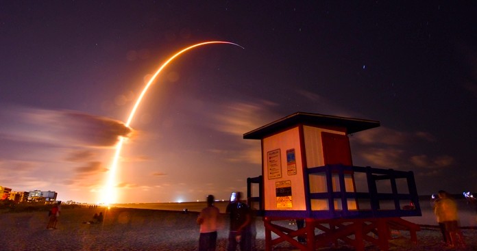 A Falcon 9 SpaceX rocket with a payload of 60 satellites for SpaceX’s Starlink broadband network lifts off from Space Launch Complex 40 at Florida’s Cape Canaveral Air Force Station, Thursday, May 23, 2019. A 149 second time exposure of the launch Thursday night is viewed from the end of Minutemen Causeway in Cocoa Beach, Fla. (Malcolm Denemark/Florida Today via AP)