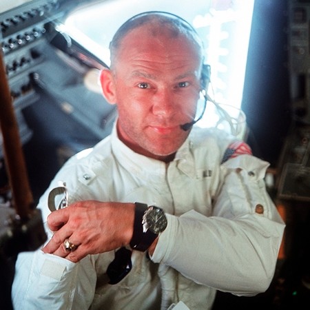 This July 20, 1969 photo made available by NASA shows pilot Edwin "Buzz" Aldrin in the Apollo 11 Lunar Module. For the 50th anniversary of the landing, Omega issued a limited edition Speedmaster watch, a tribute to the one that Aldrin wore to the moon. (Neil Armstrong/NASA via AP)