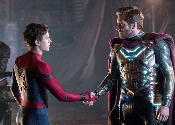 This image shows (from left) Tom Holland and Jacky Gyllenhaal in a scene from "Spider-Man: Far From Home." (Jay Maidment/Columbia Pictures/Sony via AP)