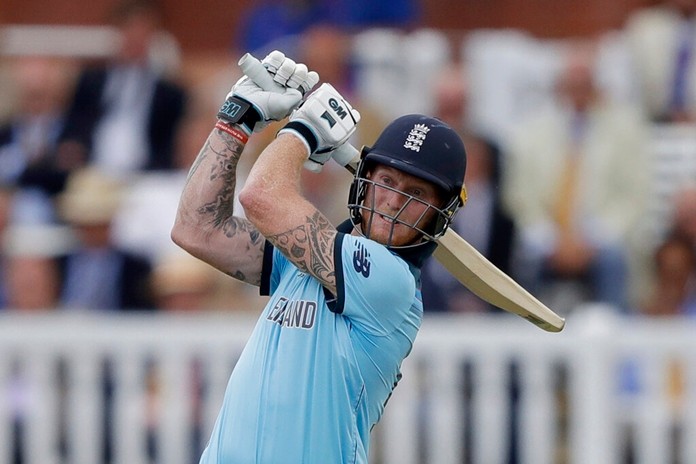 England's Ben Stokes hits a four during the Cricket World Cup final match between England and New Zealand at Lord's cricket ground in London, Sunday, July 14, 2019. (AP Photo/Matt Dunham)