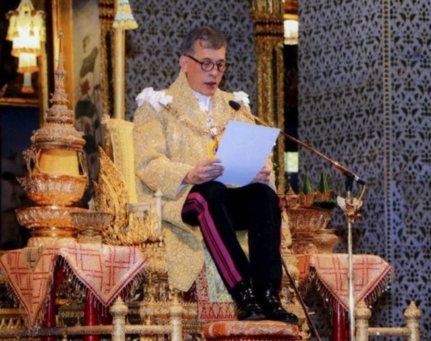 His Majesty King Maha Vajiralongkorn Phra Vajiraklaochaoyuhua delivers a birthday message at the Grand Palace in Bangkok, Monday, July 28.
