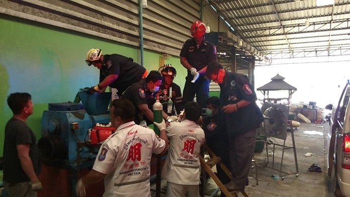 Paramedics rushed Kin Sun to Banglamung for an urgent amputation after her right arm was caught in a plastic-crushing machine at a Nong Plalai factory.