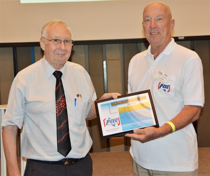 MC Roy Albiston presents Professor Andy Barraclough withe the PCEC’s Certificate of Appreciation for his interesting and most informative presentation.