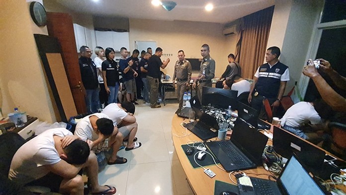 Police raided an online gambling den Wednesday, arresting 19 Chinese nationals who were allegedly sending 8 million baht a day back to an undisclosed “boss” in China.