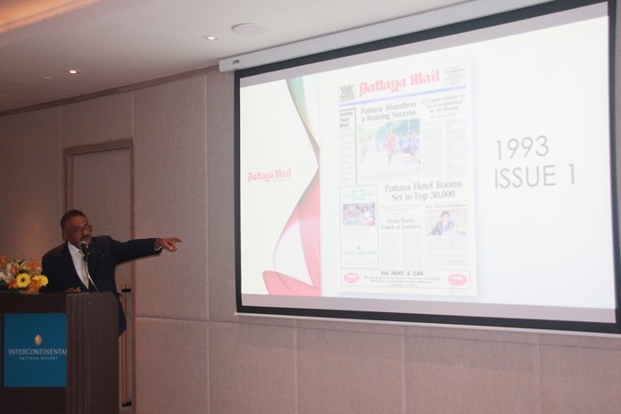 Peter points to the picture of the very first issue of the Pattaya Mail published on 23 July 1993.