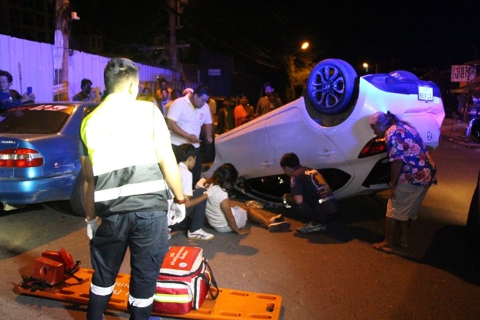 Panida Lainai received minor injuries when she lost control of her car and rammed a parked car, the accident resulting in her car landing on its roof.