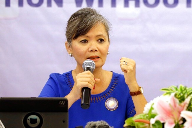 In this July 30, 2018, file photo, Vice President of the Cambodia National Rescue Party (CNRP), Mu Sochua speaks at a press conference in Jakarta, Indonesia. Thailand has barred Mu Sochua from entering the country, casting doubt on plans for its exiled leaders to return to their homeland against the Cambodian government's wishes. (AP Photo/Tatan Syuflana, File)