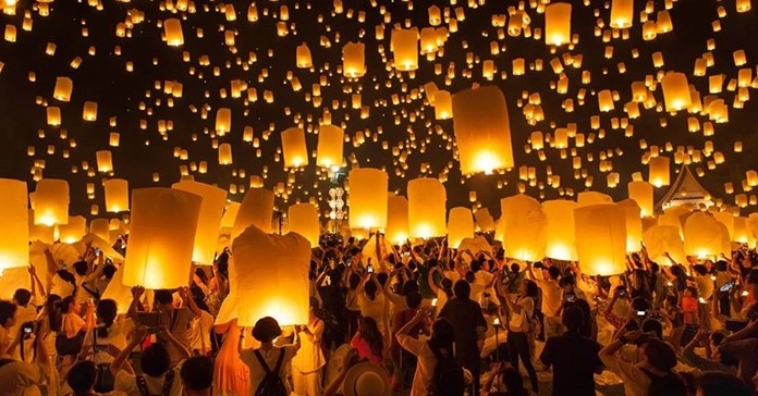 Thousands of sky lanterns during the Yi Peng Festival in Chiang Mai.