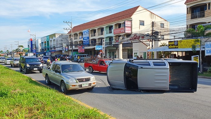 One person was hurt when a pickup truck slammed into a fruit cart and rebounded into two other vehicles in Sattahip.