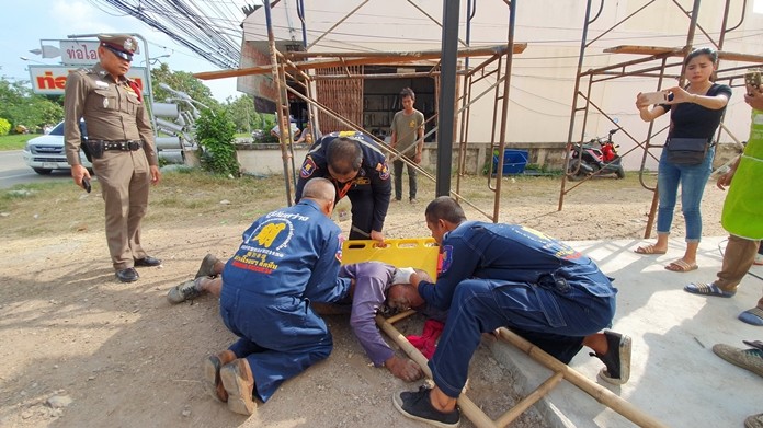 Sarawuth Pemsuk suffered broken bones and a skull fracture after falling from scaffolding at a Sattahip construction site.