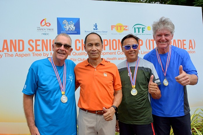 Men’s Doubles 60+ (L to R) Robert McCuigan (AUS), Singha Corporation sponsor agent, Nick Fok (HKG) and Stephen Myers (AUS).