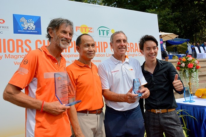 Men Singles 65+ (L to R) Philippe Gely (FRA) Singha Corporation sponsor agent, Giancarlo Nucci (ITA), and Vitanart Vathanakul, executive director of the Royal Cliff Hotels Group.