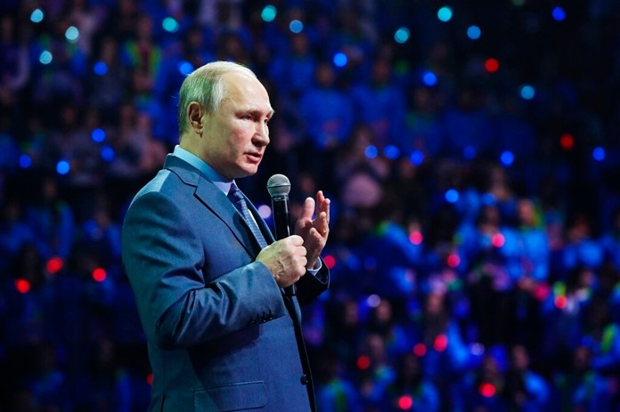 Russian President Vladimir Putin speaks during the International Volunteer Forum at the Olympic Park in Sochi, Russia, Dec. 5, 2019. (Shamil Zhumatov/Pool Photo via AP)