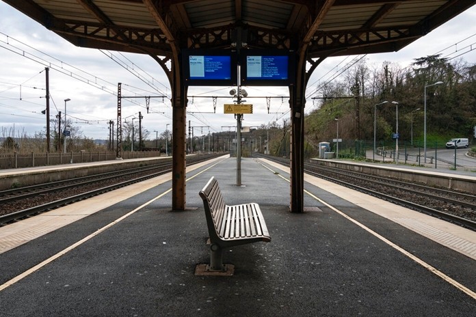 An empty platform is pictured during a railway strike at the Saint Germain au Mont d'Or train station, around Lyon, central France, Monday, Dec. 9, 2019. (AP Photo/Laurent Cipriani)