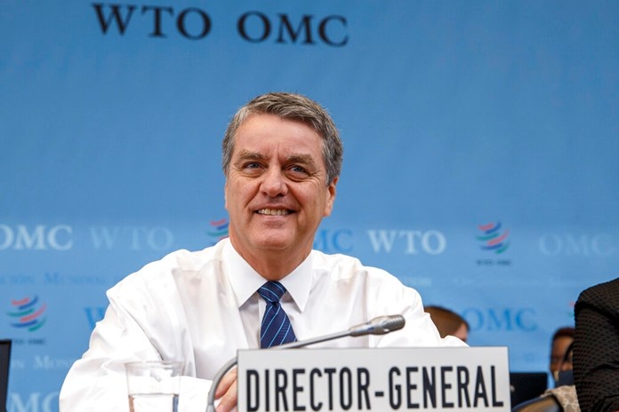 Brazilian Roberto Azevedo, Director General of the World Trade Organization, WTO, waits the opening of the General Council at the headquarters of the World Trade Organization, WTO, in Geneva, Switzerland, Monday, Dec. 9, 2019. (Salvatore Di Nolfi/Keystone via AP)