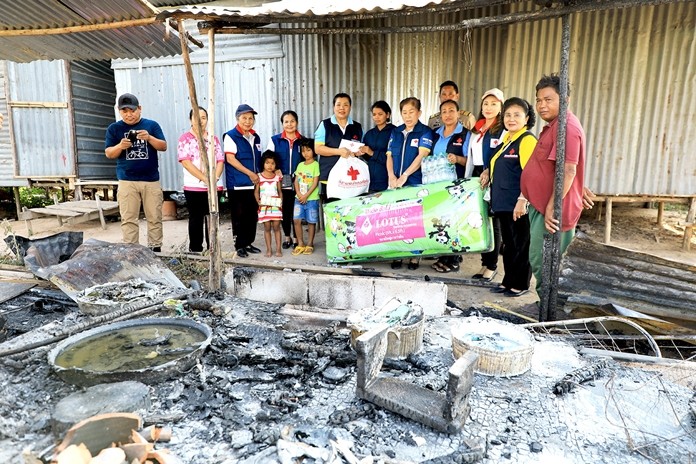The Sattahip Red Cross came to the rescue of a poor family left homeless after a fire at construction camp shack.