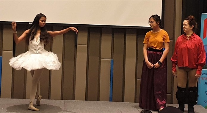 A highlight for the audience was Aom Konchan performing a ballet while Cinderella, played by Caidie Brennan, and Dandini, played by Mara Swankey look on.