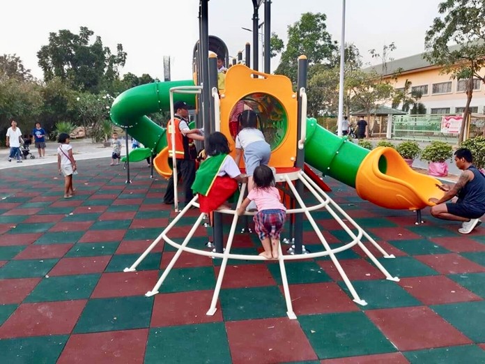 The park contains swings, slides, a climbing wall and the usual playground fun and enough space for older people to work out or just relax.