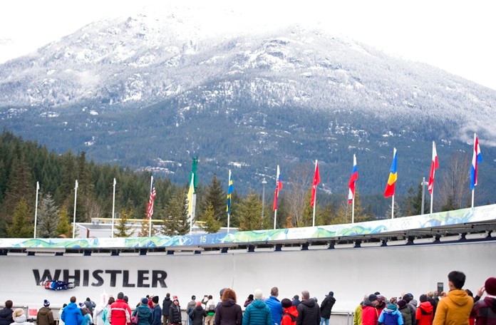 Ivan Nagler and Fabian Malleier, of Italy, are seen during the first run of doubles luge during the Viessmann Luge World Cup in Whistler, British Columbia, Saturday, Dec. 14, 2019. (Jonathan Hayward/The Canadian Press via AP)