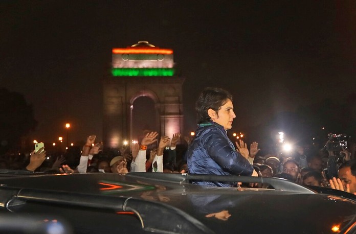 Congress party leader Priyanka Gandhi, center, leaves after a sit in protest against a new citizenship law near the India Gate monument in New Delhi, India, Monday, Dec.16, 2019. (AP Photo/Manish Swarup)