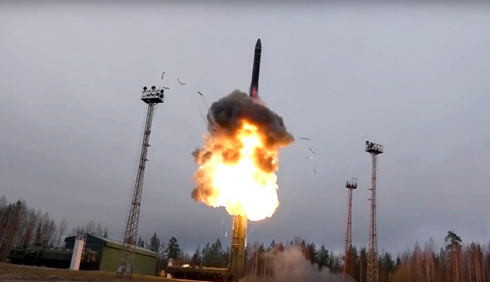 In this photo taken from undated footage distributed by Russian Defense Ministry Press Service, an intercontinental ballistic missile lifts off from a truck-mounted launcher somewhere in Russia. (Russian Defense Ministry Press Service via AP)