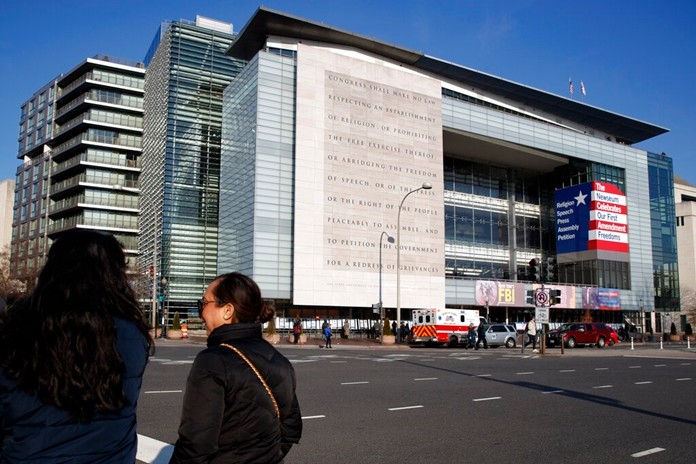 In this Friday, Dec. 20, 2019, photo, the Newseum is seen in Washington. The Newseum will close the Pennsylvania Avenue location on Dec. 31, 2019. (AP Photo/Jacquelyn Martin)