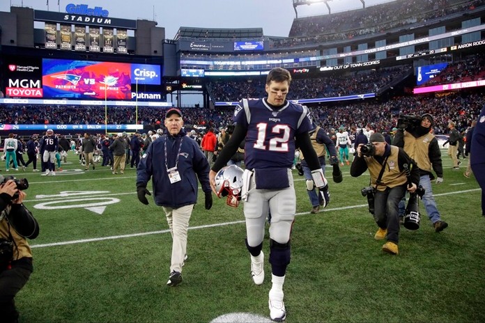 New England Patriots quarterback Tom Brady leaves the field after being defeated by the Miami Dolphins in an NFL football game, Sunday, Dec. 29, 2019, in Foxborough, Mass. (AP Photo/Elise Amendola)