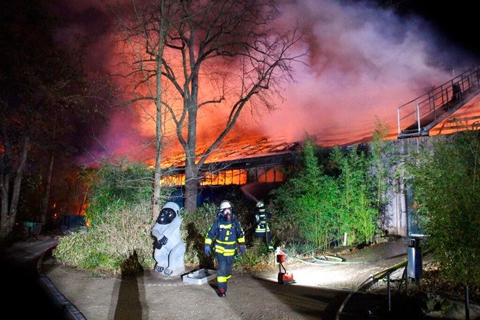 Firefighters stand in front of the burning monkey house at Krefeld Zoo, in Krefeld, Germany, Wednesday Jan 1, 2020. (Alexander Forstreuter/dpa via AP)