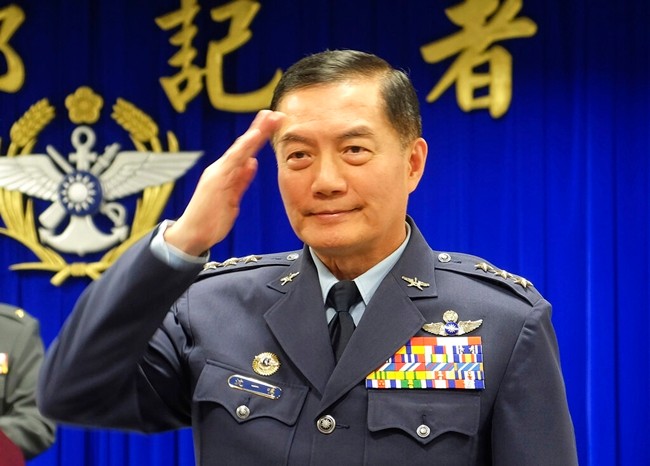 In this March 7, 2019, file photo, Taiwanese top military official Shen Yi-ming salutes as he is introduced to journalists during a press conference in Taipei, Taiwan. (AP Photo/Johnson Lai, File)