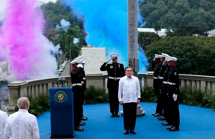 Panamanian President Laurentino Cortizo participates in a ceremony marking 20 years since the Panama Canal was turned over from the U.S., in Panama City, Tuesday, Dec. 31, 2019. (AP Photo/Eric Batista)