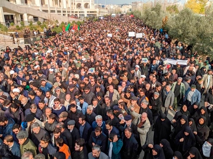Protesters demonstrate over the U.S. airstrike in Iraq that killed Iranian Revolutionary Guard Gen. Qassem Soleimani in Tehran, Iran, Jan. 3, 2020. (AP Photo/Vahid Salemi)