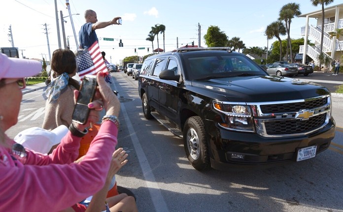 President Donald Trump's motorcade returns from the Trump International Golf Club located in West Palm Beach, to Mar-a-Lago, Sunday, Jan. 5, 2020 (AP Photo/Jim Rassol)