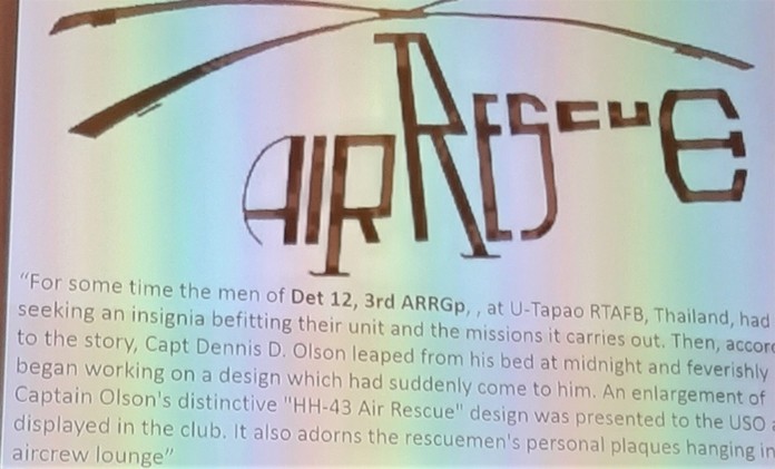 Look closely at this emblem which adorned a wall at the USO Club, Pat Koester said, and you will see the "helicopter" outline actually says Air Rescue, representing the helicopter squadron based at U-Tapao.