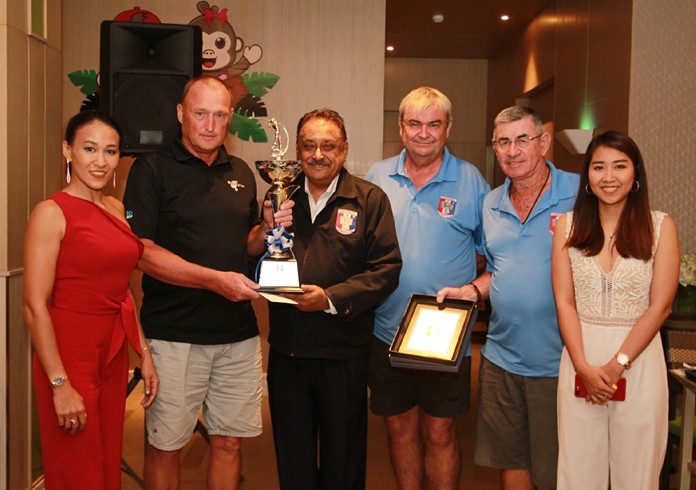 Winner, Jan Andersson keeps a firm hold of his trophy. (L to R) Ing (PSC Office Manager), Jan, Peter Malhotra (PSC President), Jack Moseley (PSC Golf Chairman), Tim Knight (PSC Vice President) and Fang (PSC Office Staff).