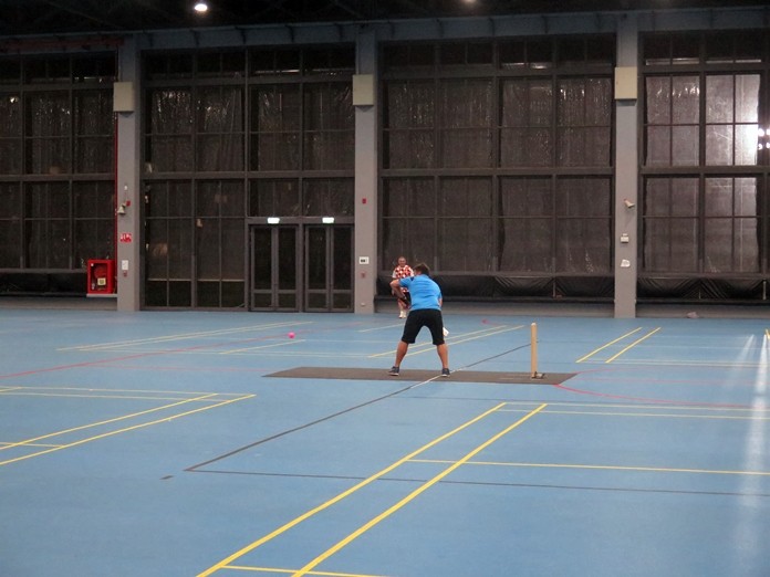 Steve Dunn (RST Cobras) faces a ball from Jainish of PCC.