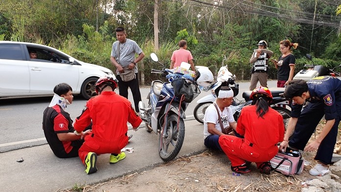 A wrong-way driver injured himself and another man when their motorbikes collided in Khet Udomsak.
