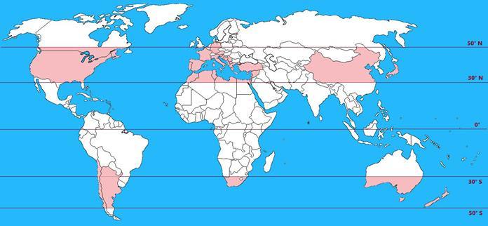 Map showing 30°-50° latitudes.