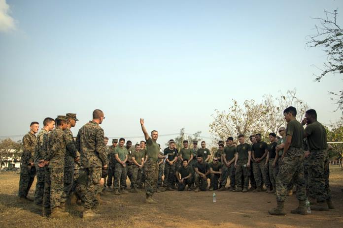 U.S. Marine Sgt. Colby Berger briefs his Marines prior to setting up a direct air support center as part of Exercise Cobra Gold 2020 at Camp Phra Maha Jetsadaratchao, Chon Buri, Kingdom of Thailand, Feb. 26, 2020. Berger, a native of Victoria, Texas, is an engineering electric equipment systems technician with Marine Air Support Squadron 2, 1st Marine Aircraft Wing. (U.S. Marine Corps photo by Staff Sgt. Jordan E. Gilbert)