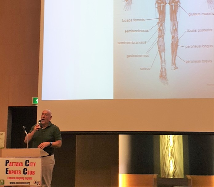 David Shnider shows the anatomy of the human body's muscles to begin his presentation to the PCEC on how older adults can improve their fitness through performing reasonable exercises a few times a week.