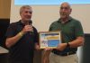 MC Ron Hunter provides David Shnider with the PCEC's Certificate of Appreciation for his very informative guidance on how older adults can keep fit through moderate exercise.