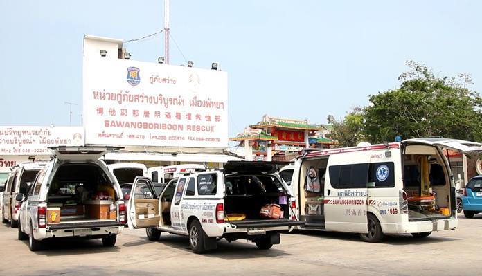 Ambulances and emergency rescue units on standby at the Sawang Boriboon Thammasathan Foundation premises.