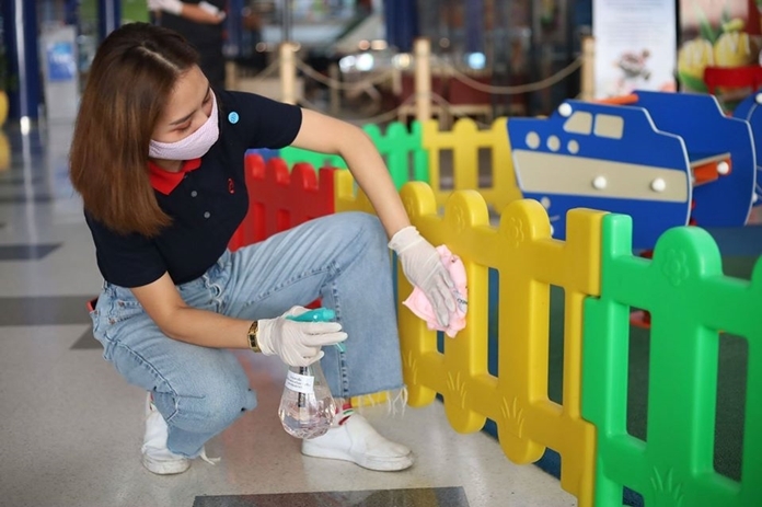 Staff clean up an indoor playground even though many malls are ordered to close down.